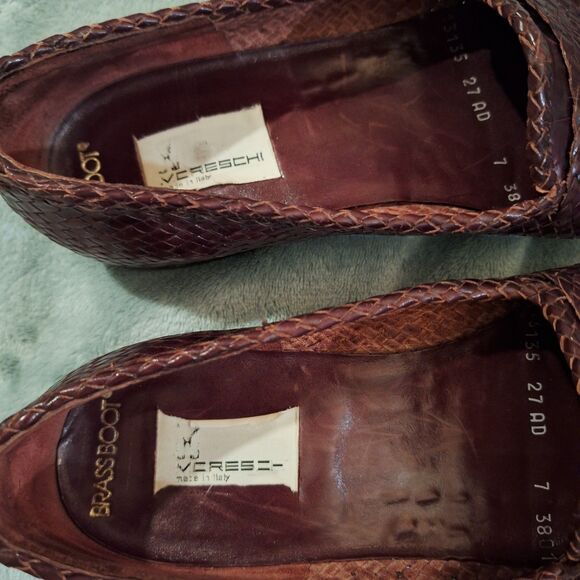MORESCHI Brassboot Cognac Croc Print Woven Leather Sz 7 Loafers Made in Italy main image 5